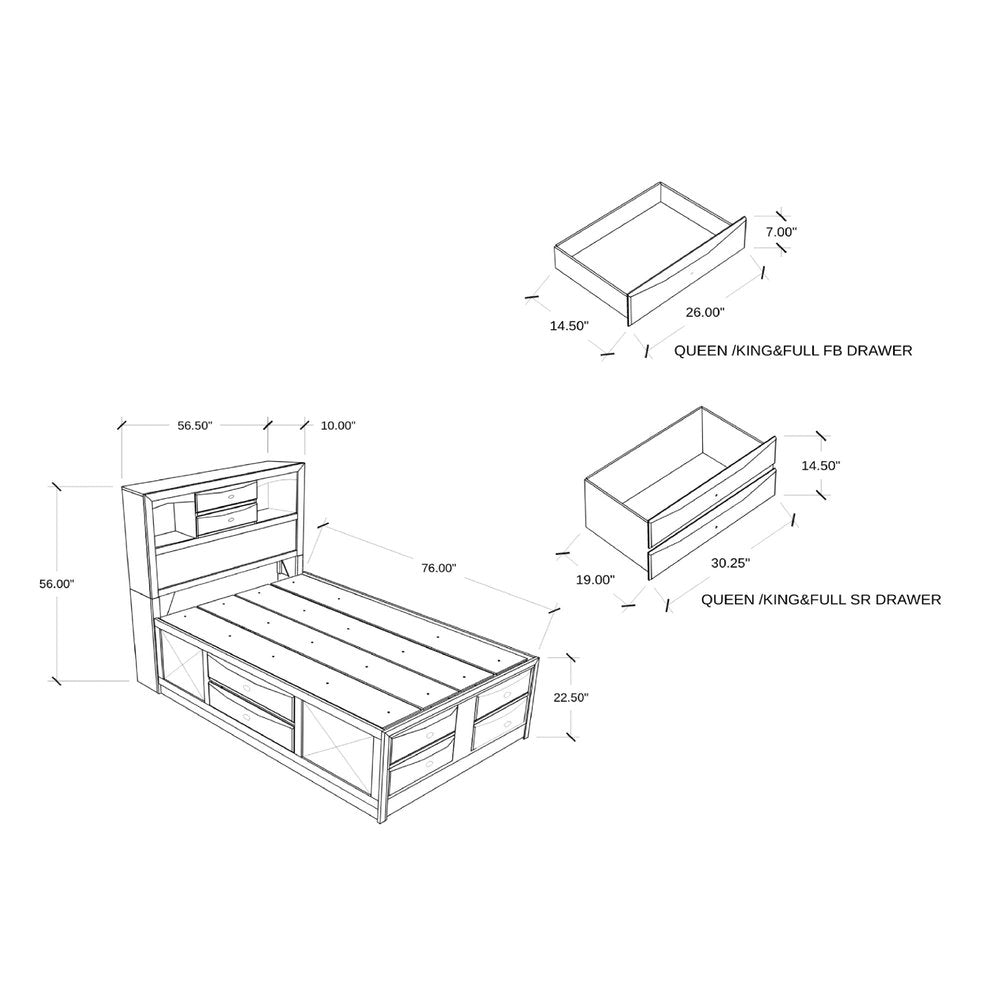 Solid Wood Full Black Eight Drawers Bed