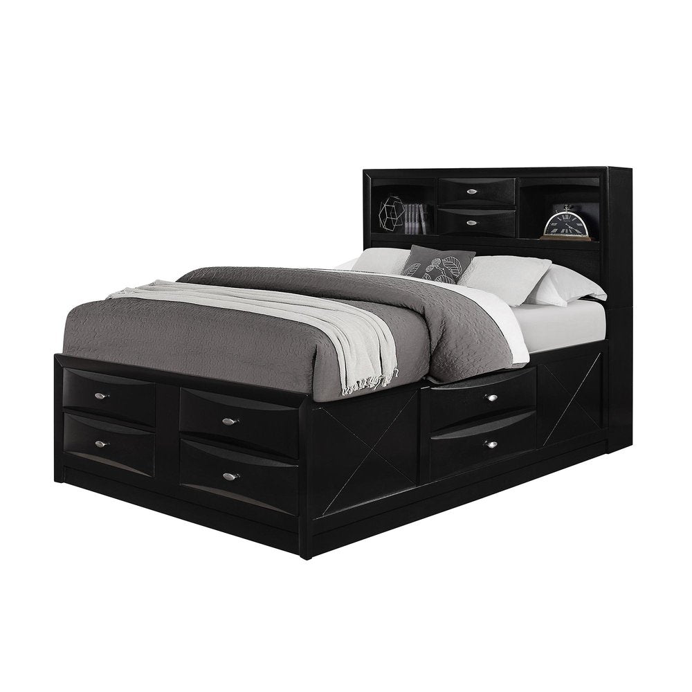 Solid Wood Full Black Eight Drawers Bed