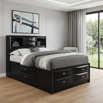 Solid Wood Full Black Eight Drawers Bed
