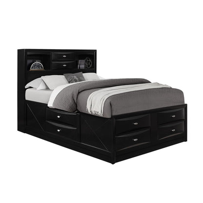 Black Solid Wood Queen Bed Frame With Eight Drawers
