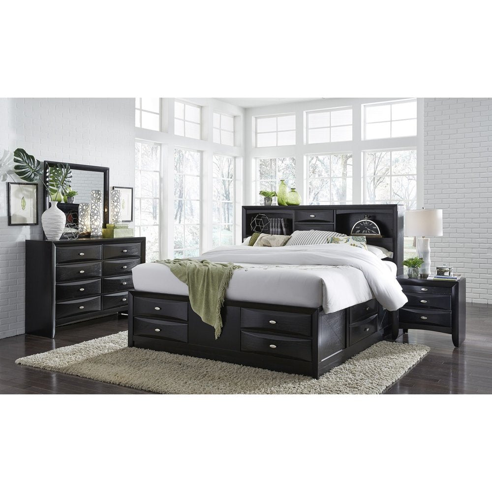 Black Solid Wood Queen Bed Frame With Eight Drawers