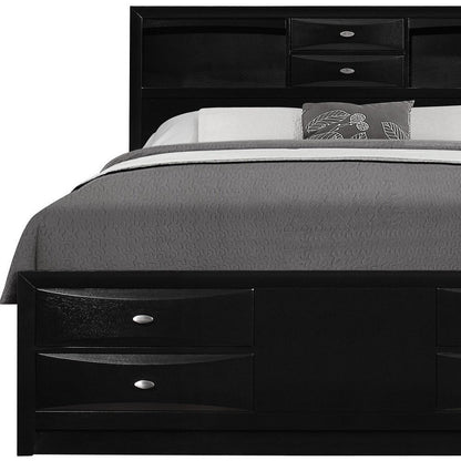 Black Solid Wood Queen Bed Frame With Eight Drawers