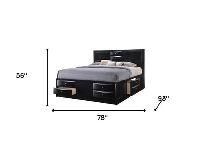 Black Carved Abstract Solid Wood King Bed Frame With Drawers