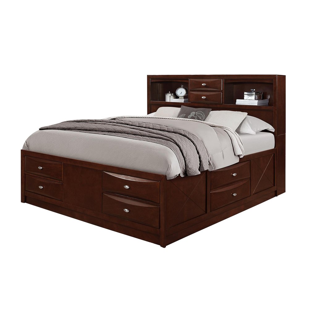 Merlot Solid Wood Queen Bed Frame With Eight Drawers