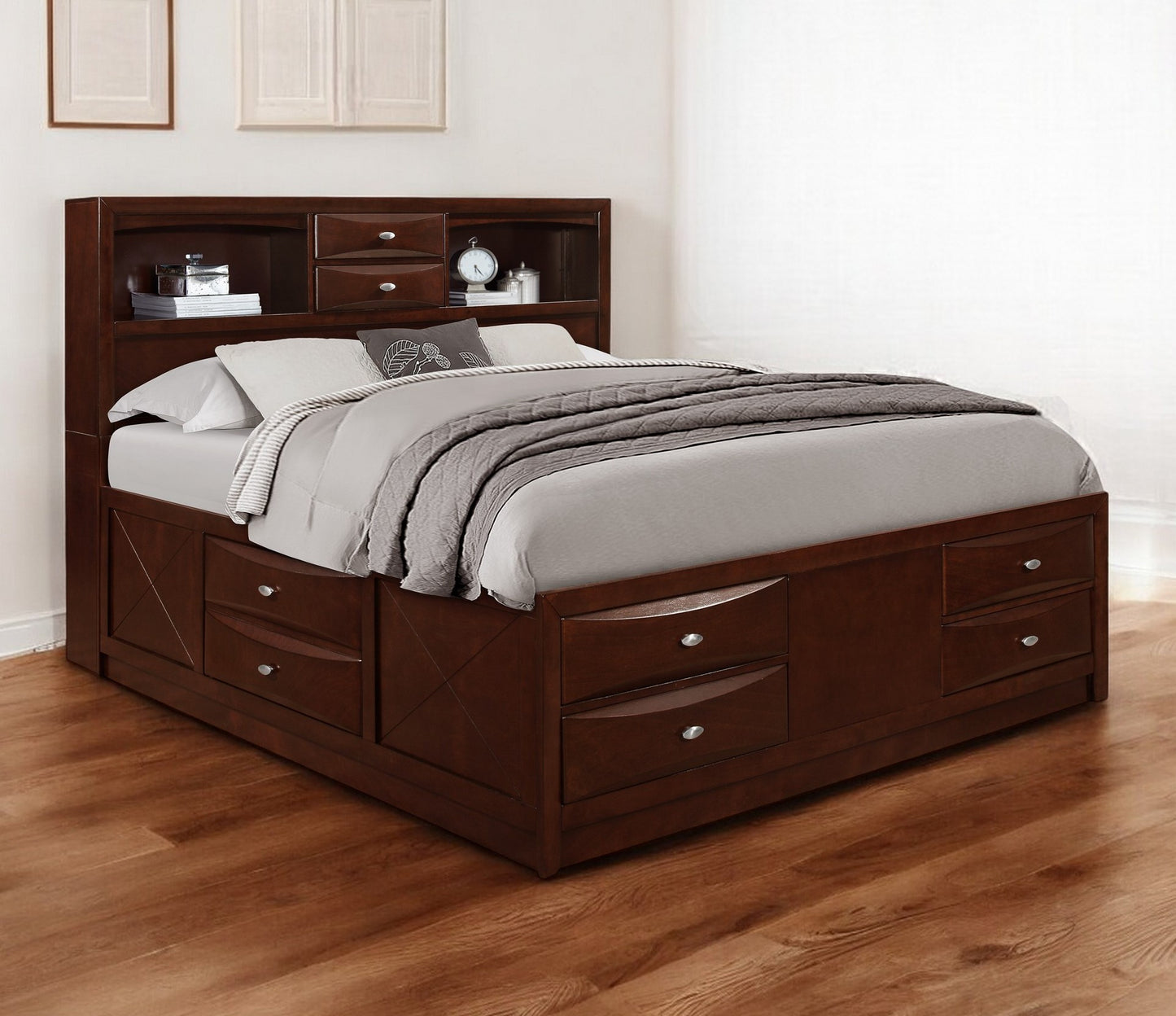 Solid Wood King Merlot Eight Drawers Bed