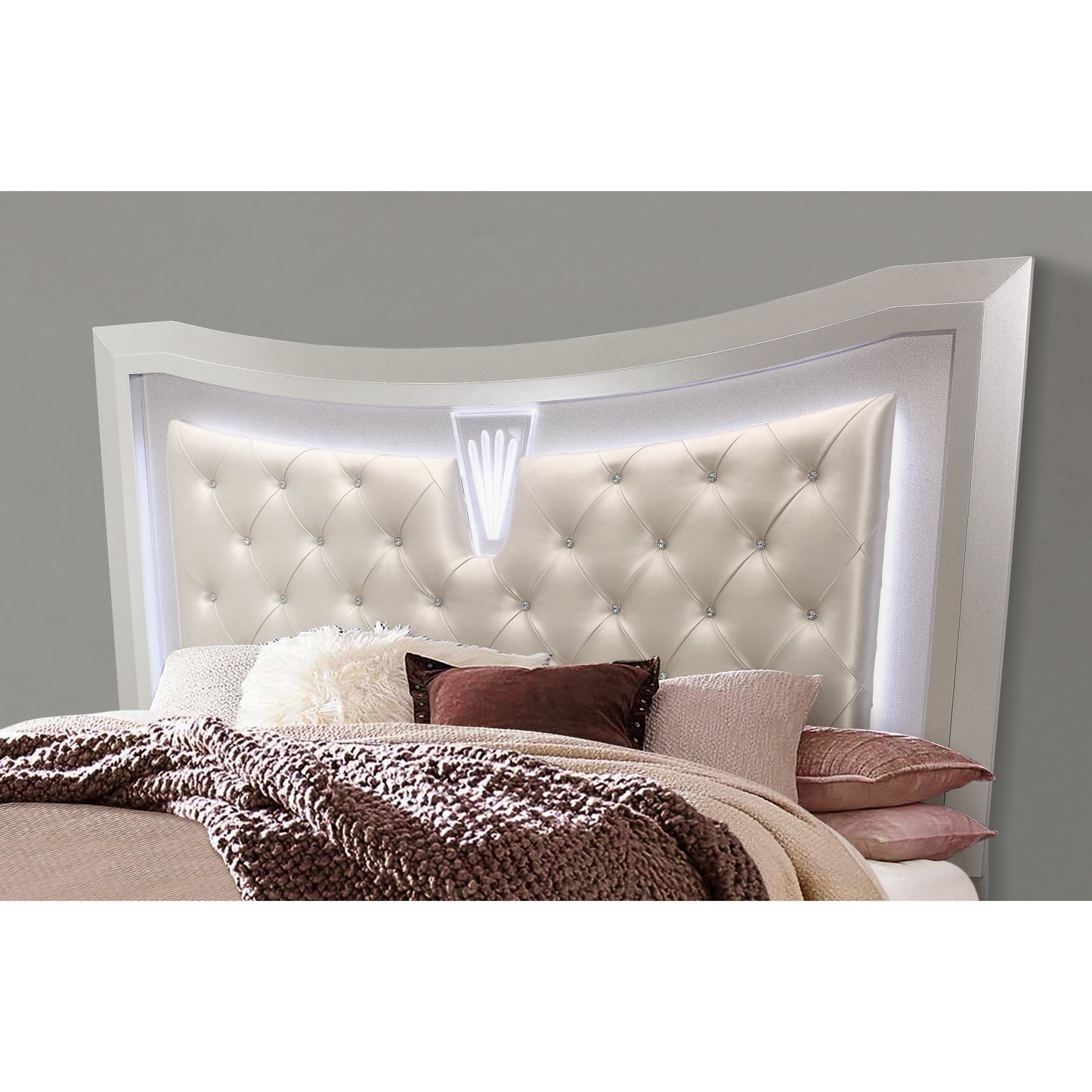 Champagne Tone Queen Bed With Padded Headboard  Led Lightning  2 Drawer