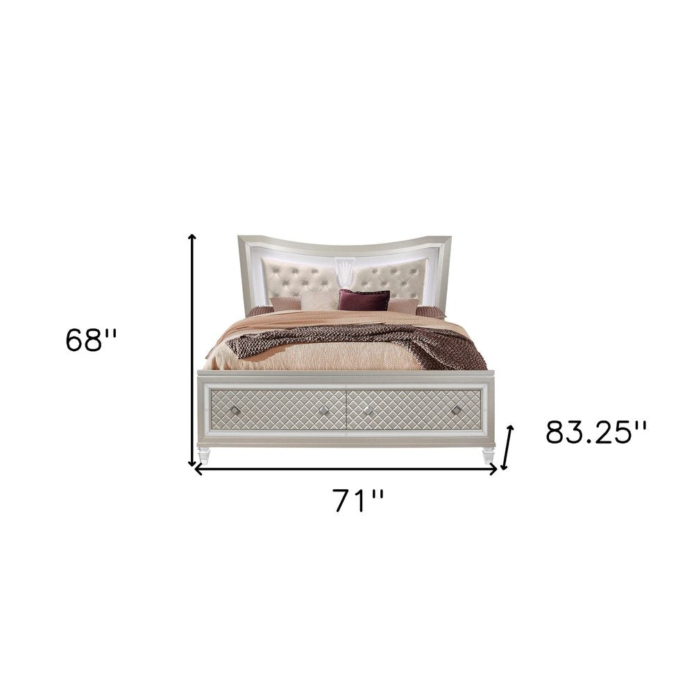 Champagne Tone Queen Bed With Padded Headboard  Led Lightning  2 Drawer
