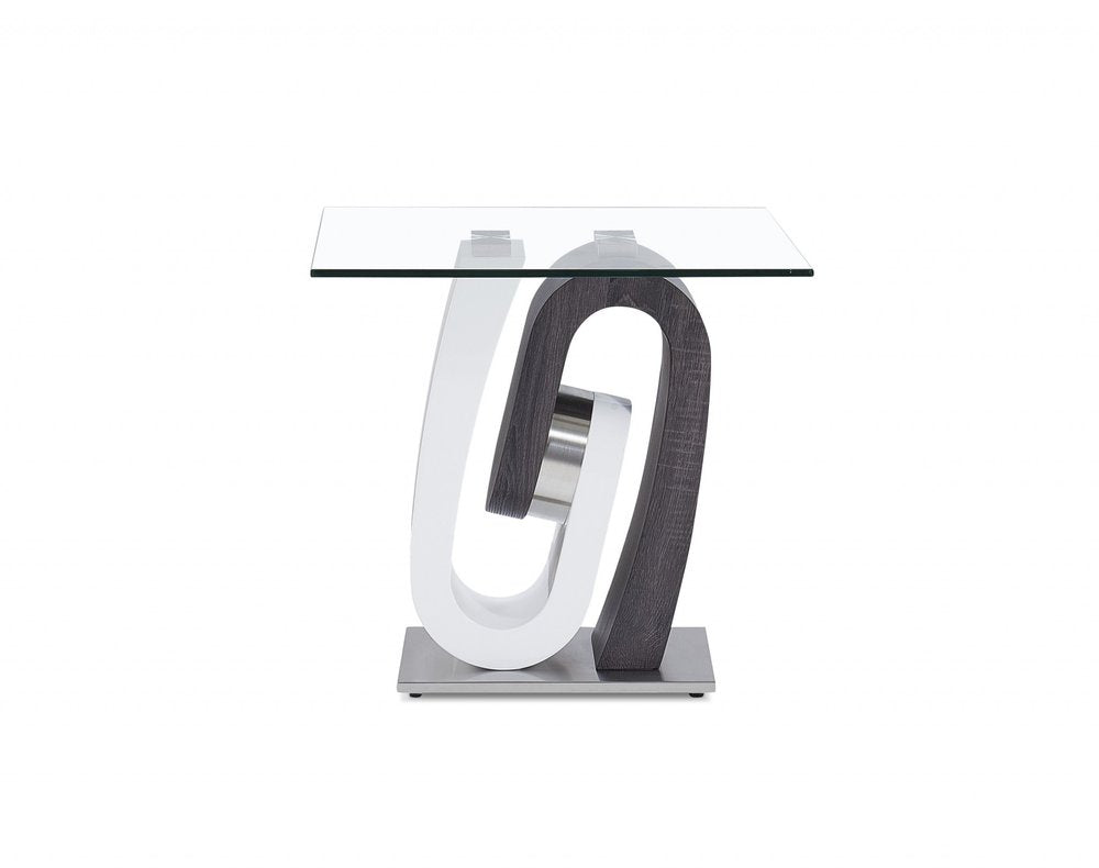 23" White Gray And Clear Glass and Wood Square Pedestal End Table