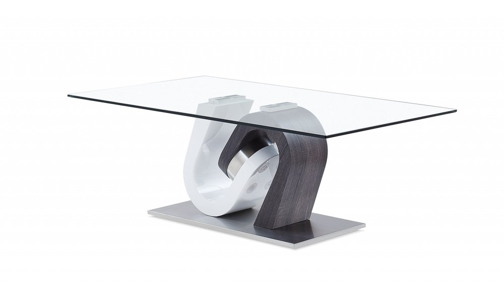 47" Clear Dark Gray White And Silver Glass And Steel Pedestal Coffee Table