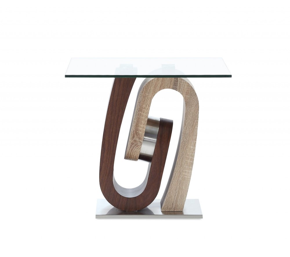 23" Clear Oak And Walnut Glass Wood And Stainless Steel Square Pedestal End Table
