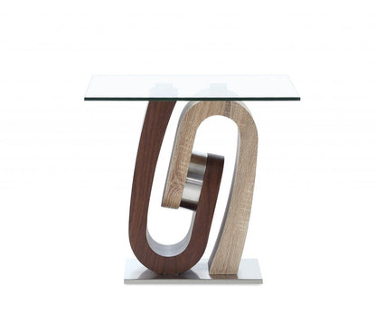 23" Clear Oak And Walnut Glass Wood And Stainless Steel Square Pedestal End Table