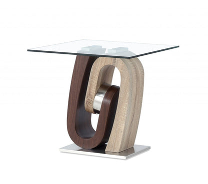 23" Clear Oak And Walnut Glass Wood And Stainless Steel Square Pedestal End Table