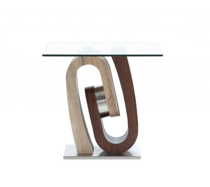 23" Clear Oak And Walnut Glass Wood And Stainless Steel Square Pedestal End Table