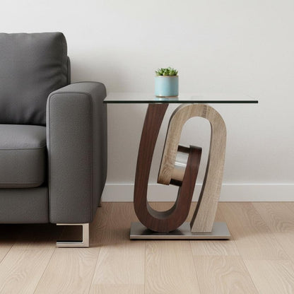 23" Walnut, Oak And Clear Glass Square End Table