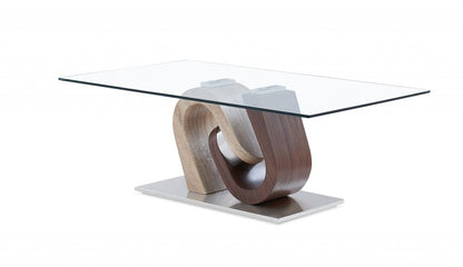 47" Clear Oak Walnut And Silver Glass Pedestal Coffee Table