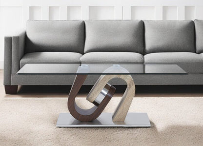 47" Clear Oak Walnut And Silver Glass Pedestal Coffee Table