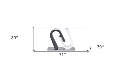 71" Clear And White and Gray Glass And Stainless Steel Pedestal Base Dining Table