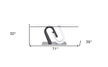 71" Clear And White and Gray Glass And Stainless Steel Pedestal Base Dining Table
