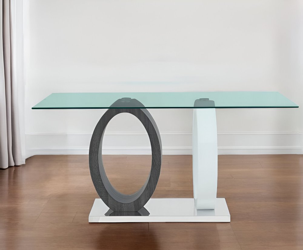 63" Clear Gray and White Glass And Metal Double Pedestal Base Dining Table