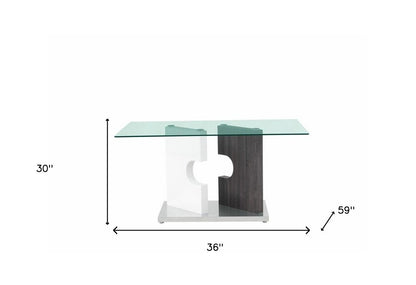 36" Clear And Gray Glass And Stainless Steel Double Pedestal Base Dining Table