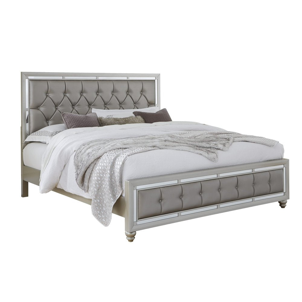 Silver Tufted Linen Upholstered Full Bed Frame with Nailhead Trim With No