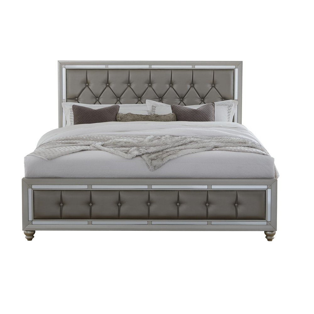 Silver Tufted Linen Upholstered Full Bed Frame with Nailhead Trim With No