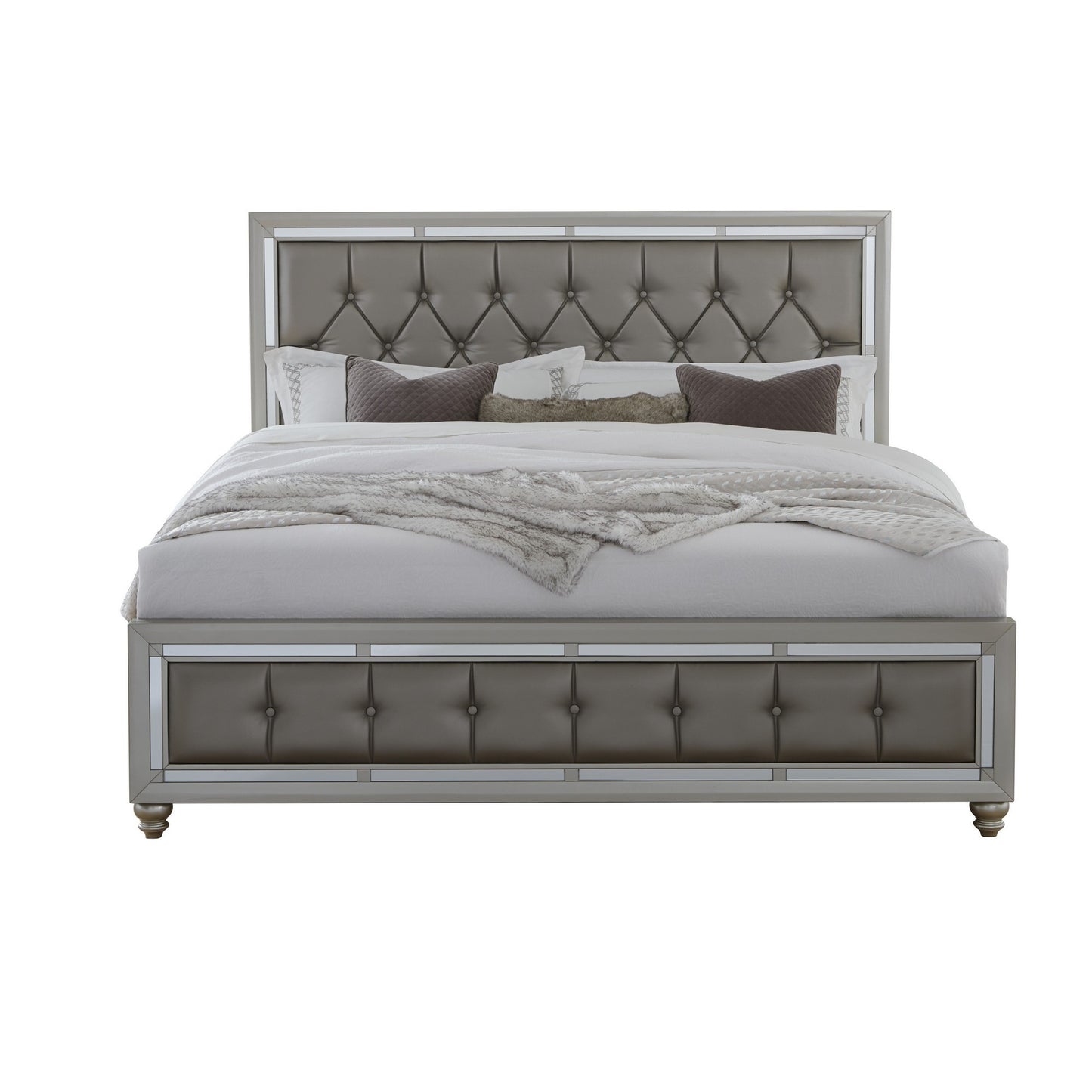 Silver Champagne Tone Queen Bed  Padded Headboard  Padded Footboard  Mirror Trim Accents