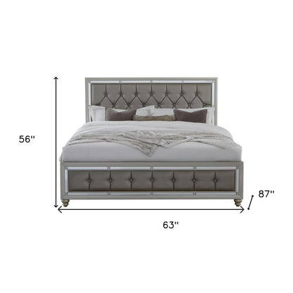 Silver Champagne Tone Queen Bed  Padded Headboard  Padded Footboard  Mirror Trim Accents