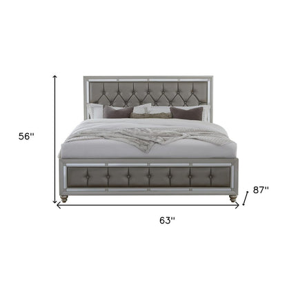 Silver Wood And Tufted Linen Queen Bed Frame With Nailhead Trim