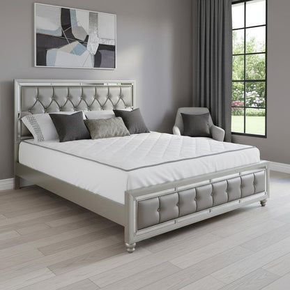 Silver Champagne Tone King Bed  Padded Headboard  Padded Footboard  Mirror Trim Accents