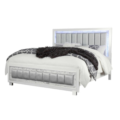 White Solid Wood And Faux Leather Lighted King Bed Frame With No