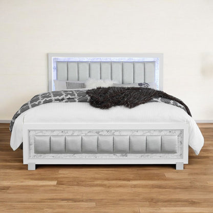 White Solid Wood And Faux Leather Lighted King Bed Frame With No
