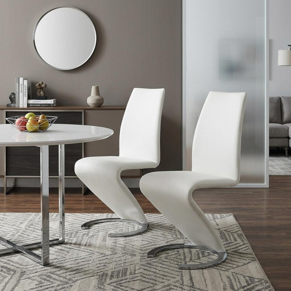 Set of Two White and Silver Upholstered Faux Leather Dining Parsons Chairs