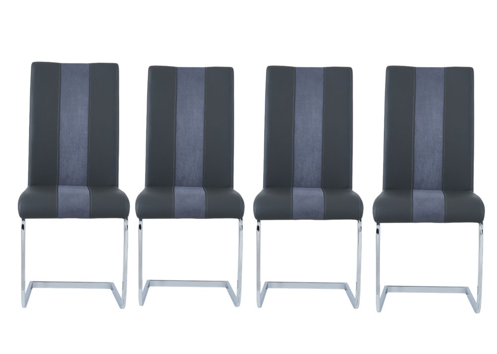 Set of Four Gray and Silver Upholstered Faux Leather Dining Side Chairs