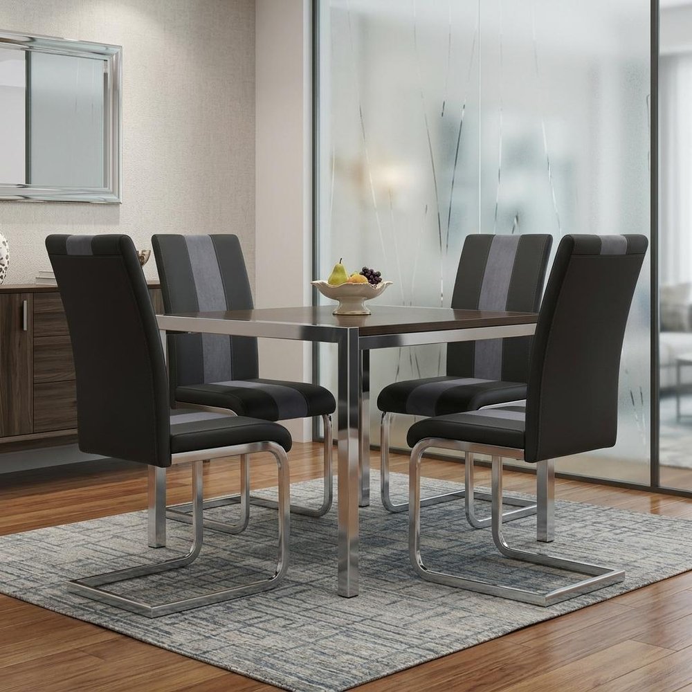 Set of Four Gray and Silver Upholstered Faux Leather Dining Side Chairs