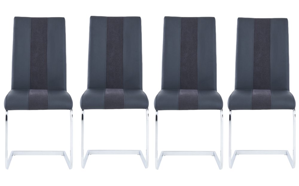 Set of Four Black and Silver Upholstered Faux Leather Dining Side Chairs