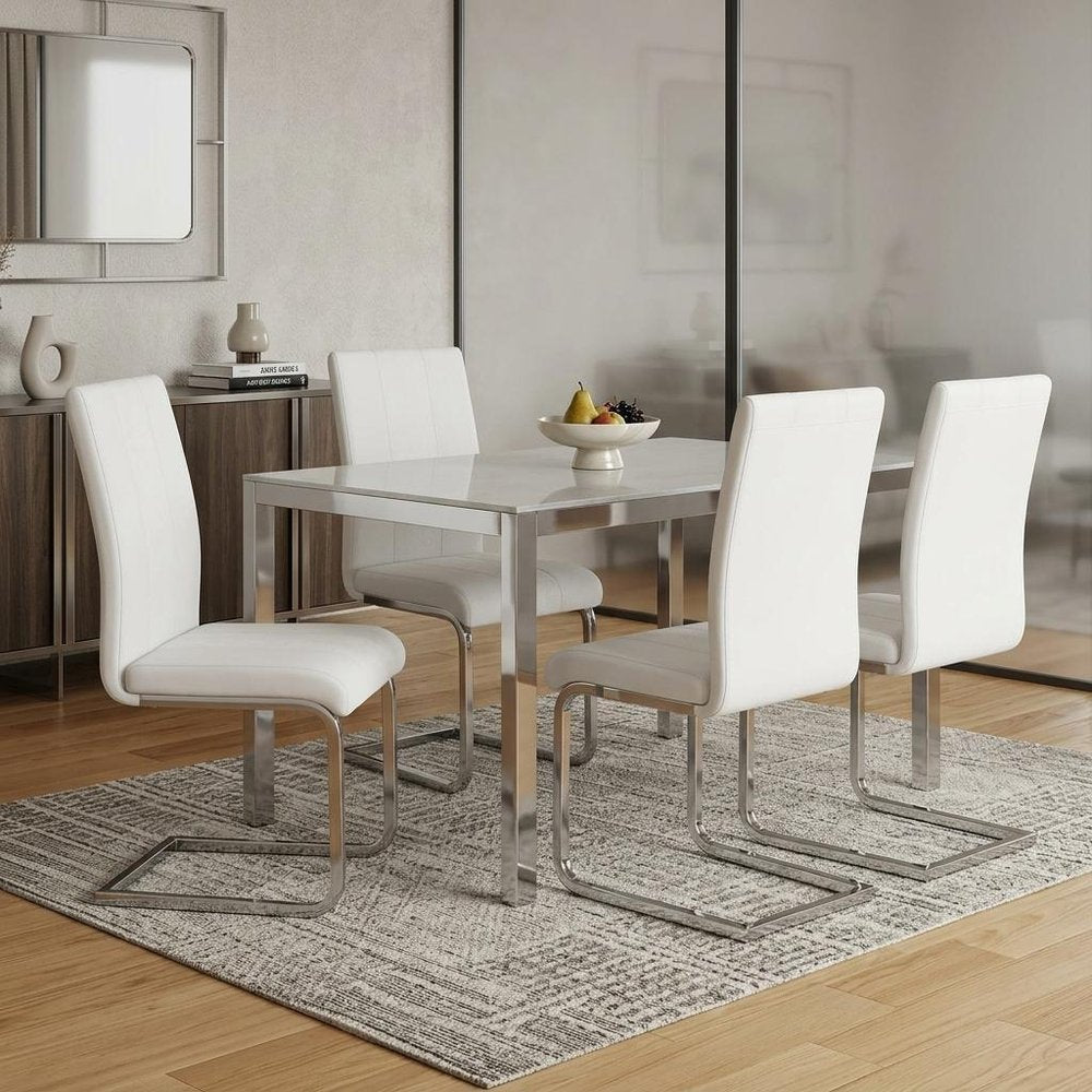 Set of Four White and Silver Upholstered Faux Leather Dining Side Chairs