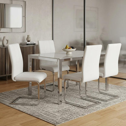 Set of Four White and Silver Upholstered Faux Leather Dining Side Chairs