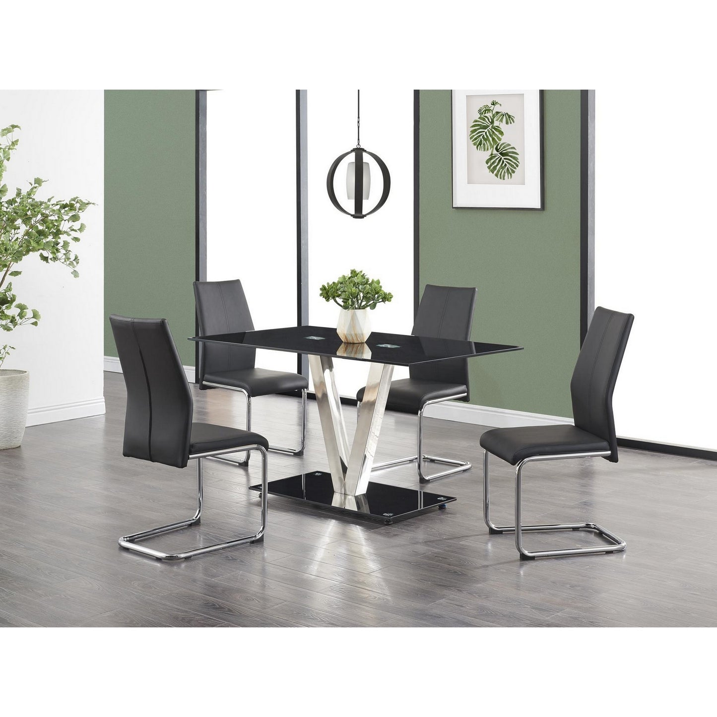 Set Of 4 Modern Black Dining Chairs With Chrome Metal Base