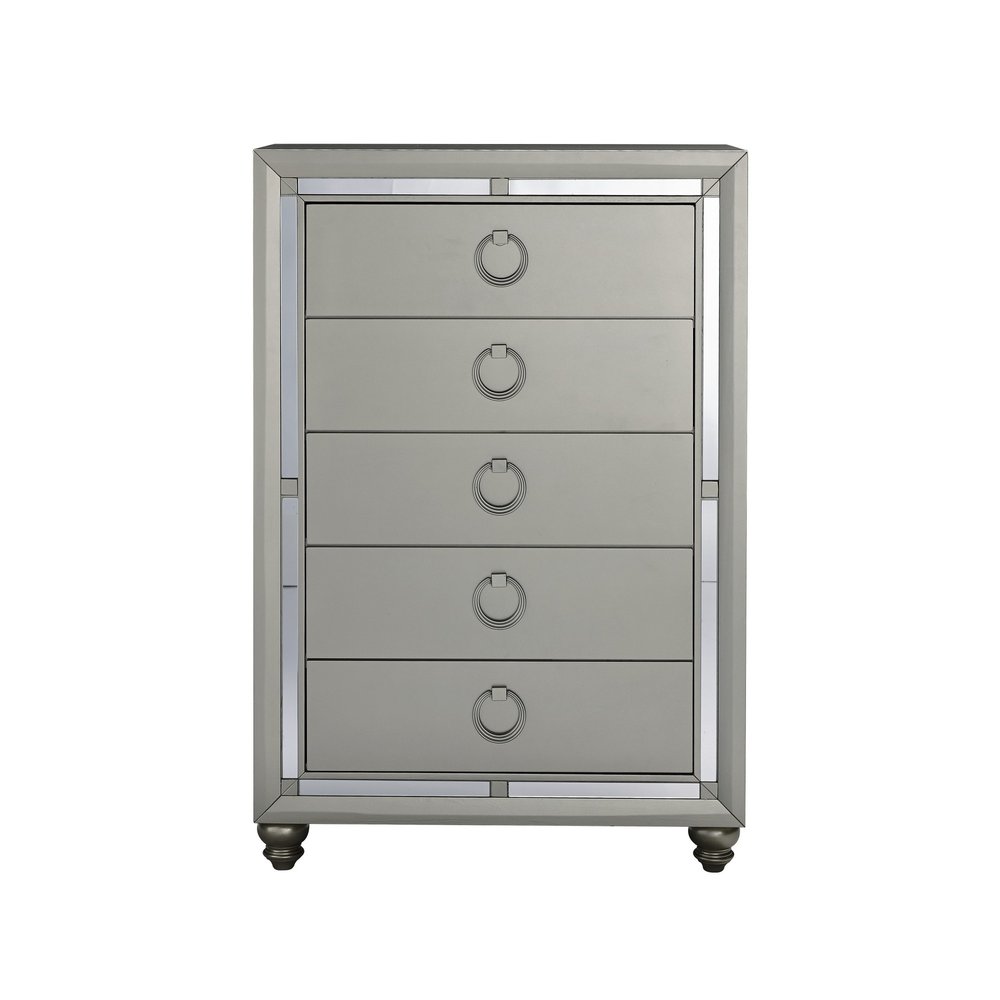 33" Silver Solid Wood Mirrored Five Drawer Dresser
