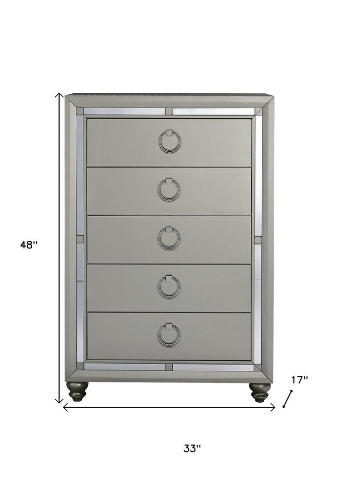 33" Silver Solid Wood Mirrored Five Drawer Dresser