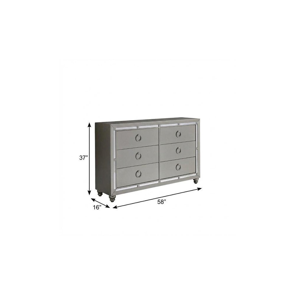 58" Silver Solid Wood Mirrored Six Drawer Double Dresser