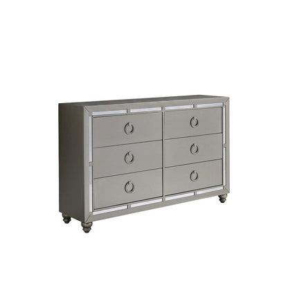 58" Silver Solid Wood Mirrored Six Drawer Double Dresser