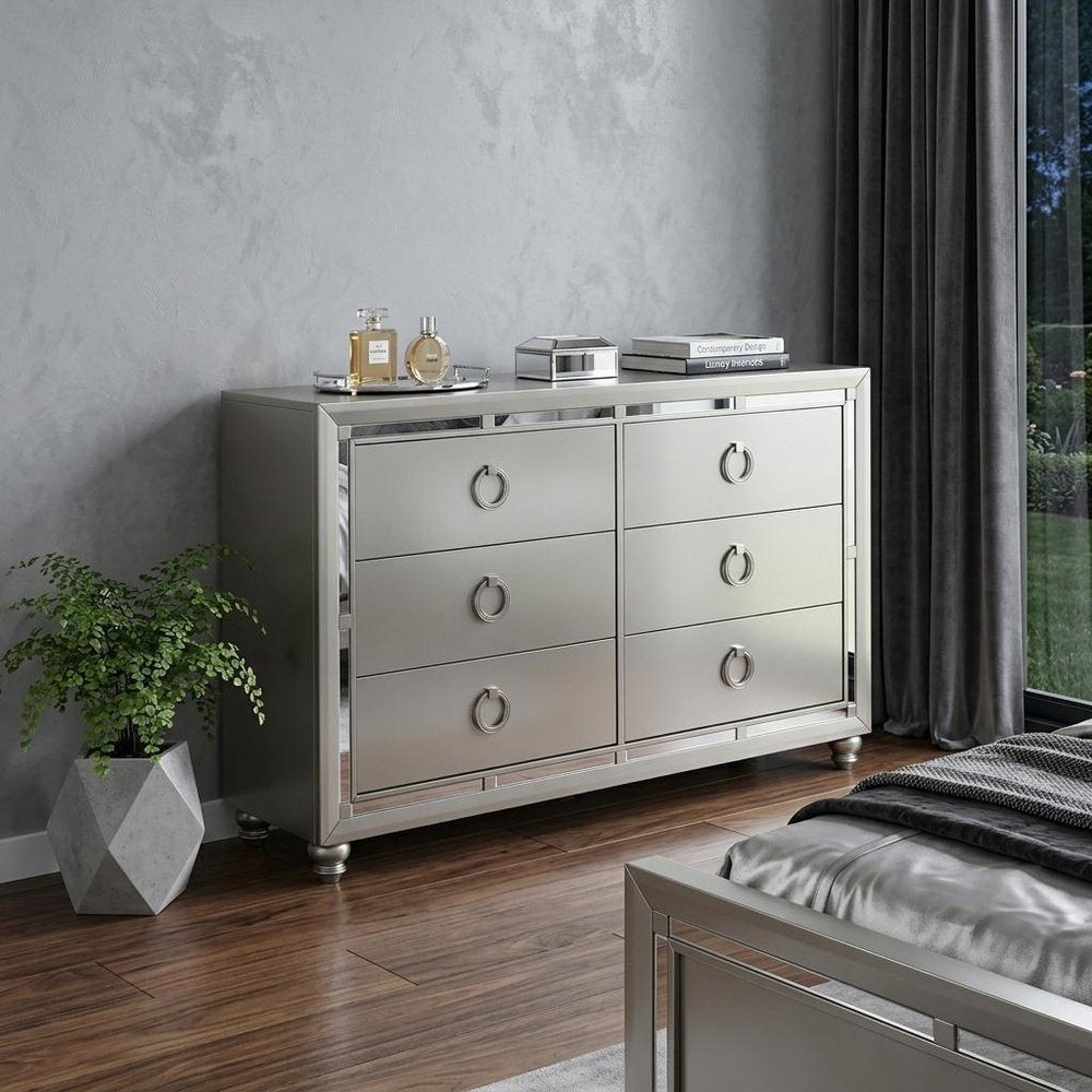 58" Silver Solid Wood Six Drawer Double Dresser
