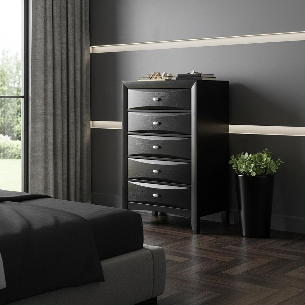 41" Black Solid Wood Five Drawer Dresser