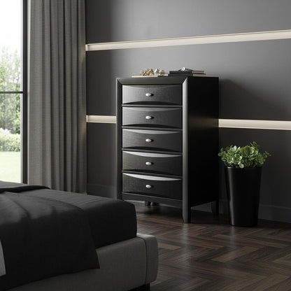 41" Black Solid Wood Five Drawer Dresser