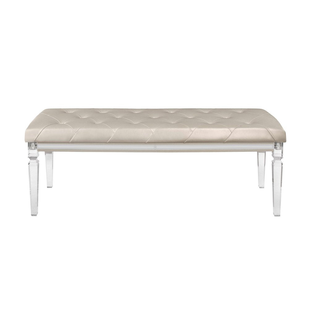 54" Champagne And Clear Faux Leather And Acrylic Upholstered Entryway Stool
