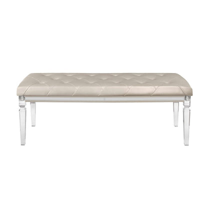 54" Champagne And Clear Faux Leather And Acrylic Upholstered Entryway Stool