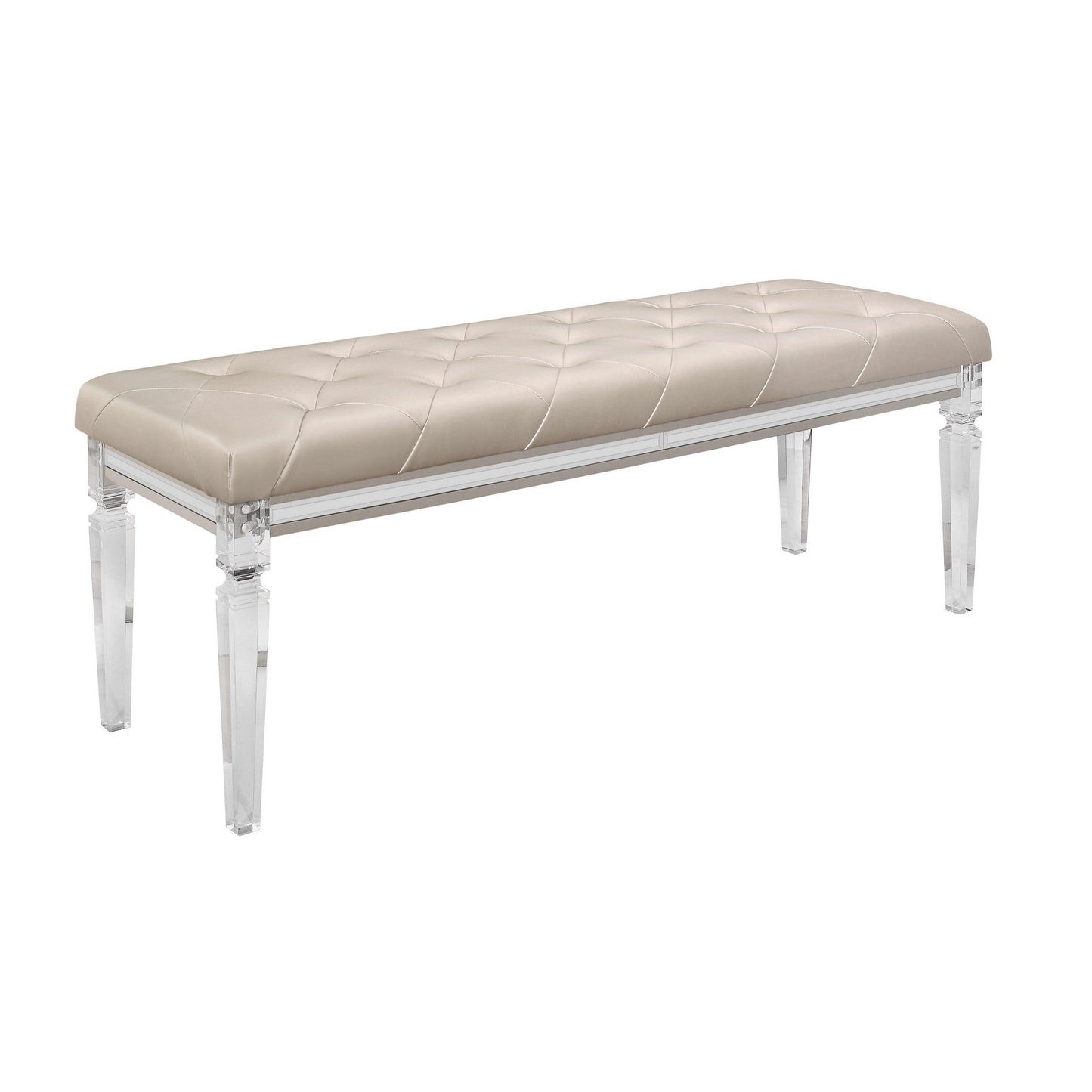 54" Champagne and Clear Upholstered Faux Leather Bench