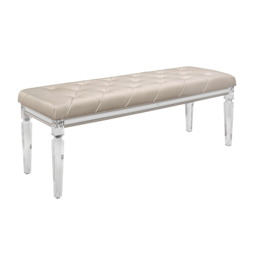 54" Champagne And Clear Tufted Faux Leather And Acrylic Upholstered Entryway Stool